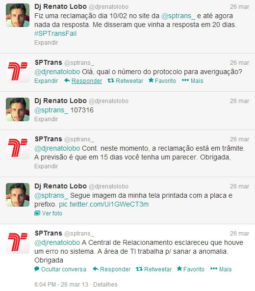 Resposta da SPTrans via Twitter - 2