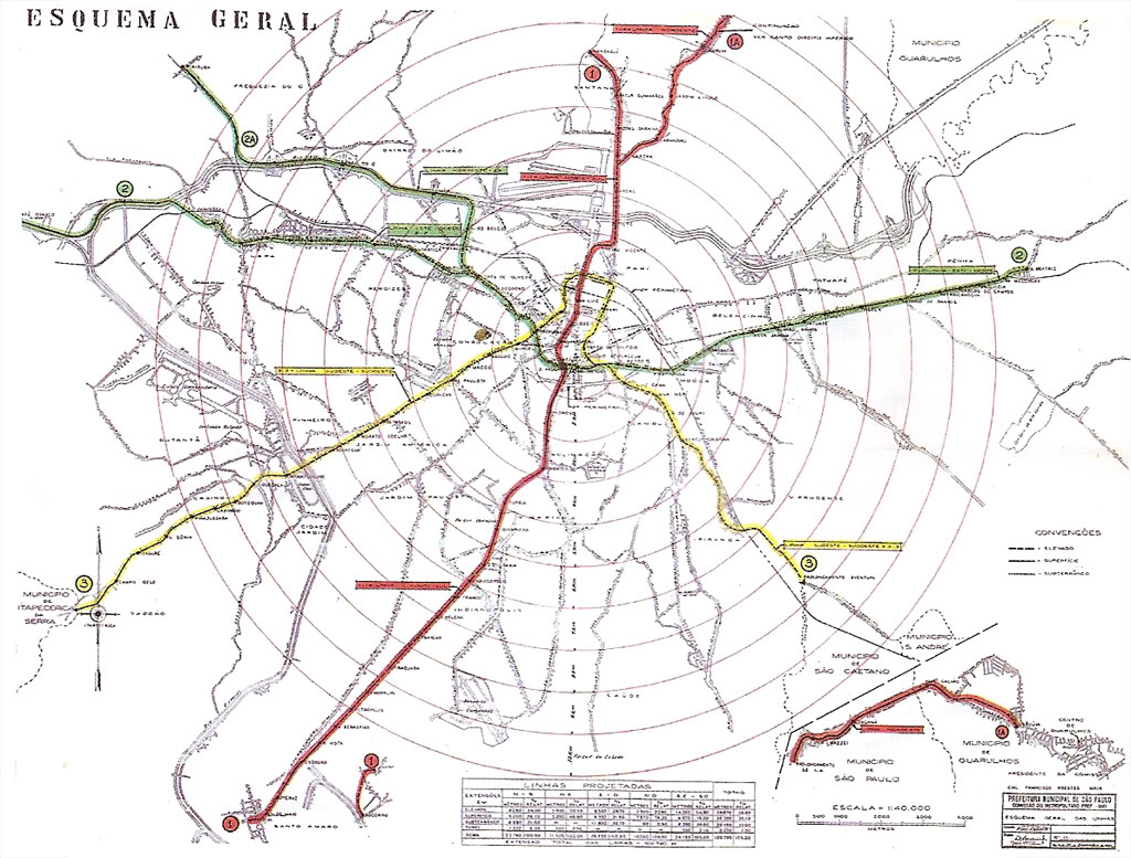 Mapa da rede proposta pela Comissão do Metropolitano em 1956