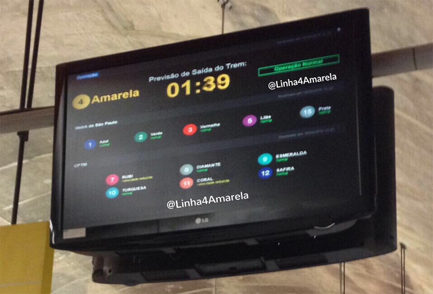 Monitor mostra intervalo de Trens na Linha4-Amarela. Foto: perfil @Linha4Amarela no twitter, do Grupo Diário