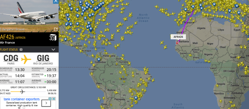 A380 em direção ao Rio | Imagem: FlightRadar 24
