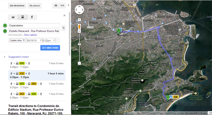 Google Transit permite planejar rotas usando dados de transporte público nas cidades da Copa (foto: Reprodução/Google)